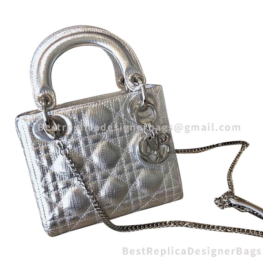 Dior Mini Lady Dior Metallic Crinkled Calfskin Bag Silver SHW